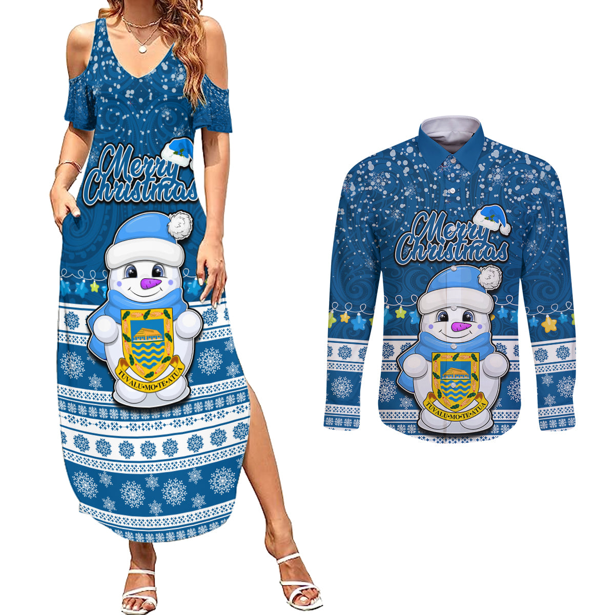 Personalised Tuvalu Christmas Couples Matching Summer Maxi Dress and Long Sleeve Button Shirt Snowman Hugs Tuvalu Coat of Arms Maori Pattern Blue Style LT03 Blue - Polynesian Pride