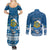 Personalised Tuvalu Christmas Couples Matching Summer Maxi Dress and Long Sleeve Button Shirt Snowman Hugs Tuvalu Coat of Arms Maori Pattern Blue Style LT03 - Polynesian Pride