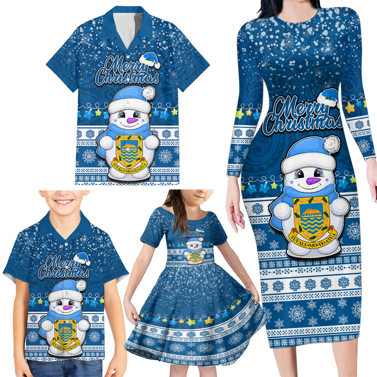 Personalised Tuvalu Christmas Family Matching Long Sleeve Bodycon Dress and Hawaiian Shirt Snowman Hugs Tuvalu Coat of Arms Maori Pattern Blue Style LT03 - Polynesian Pride