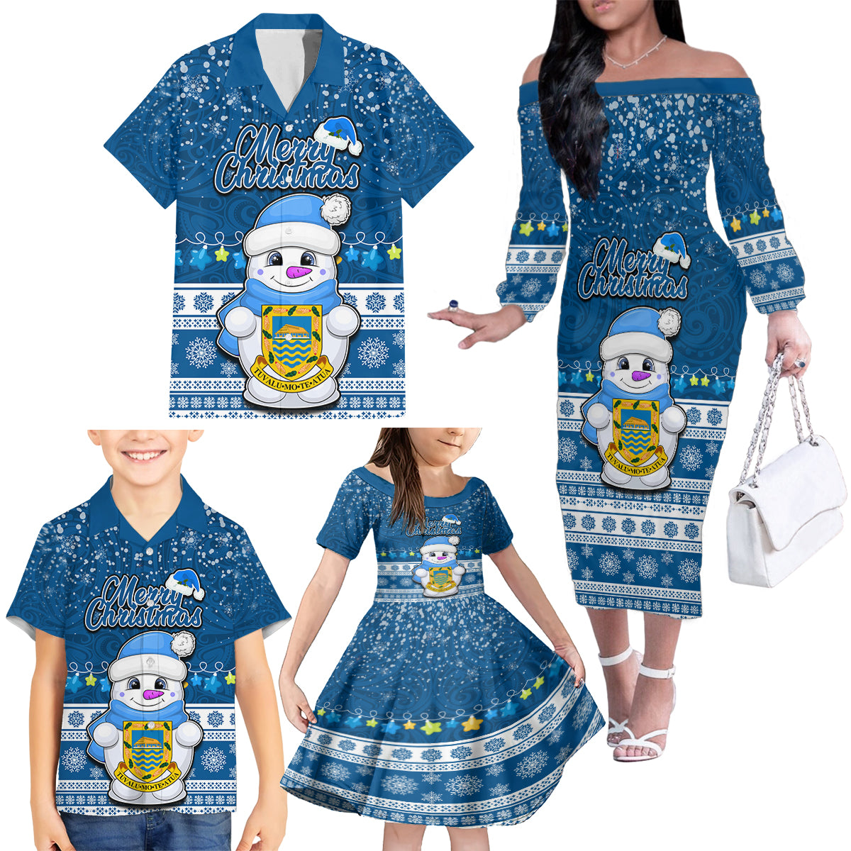 Personalised Tuvalu Christmas Family Matching Off Shoulder Long Sleeve Dress and Hawaiian Shirt Snowman Hugs Tuvalu Coat of Arms Maori Pattern Blue Style LT03 - Polynesian Pride