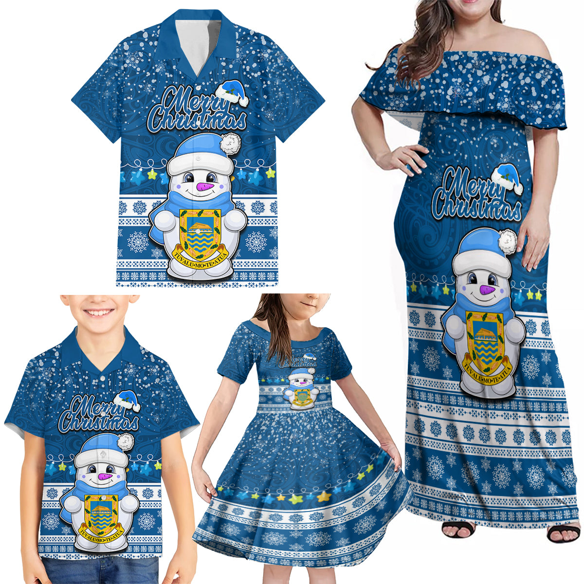 Personalised Tuvalu Christmas Family Matching Off Shoulder Maxi Dress and Hawaiian Shirt Snowman Hugs Tuvalu Coat of Arms Maori Pattern Blue Style LT03 - Polynesian Pride