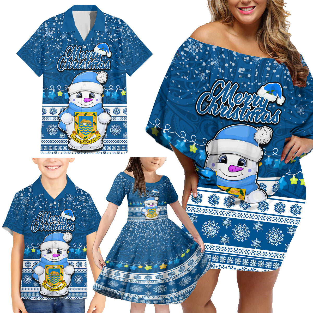 Personalised Tuvalu Christmas Family Matching Off Shoulder Short Dress and Hawaiian Shirt Snowman Hugs Tuvalu Coat of Arms Maori Pattern Blue Style LT03 - Polynesian Pride