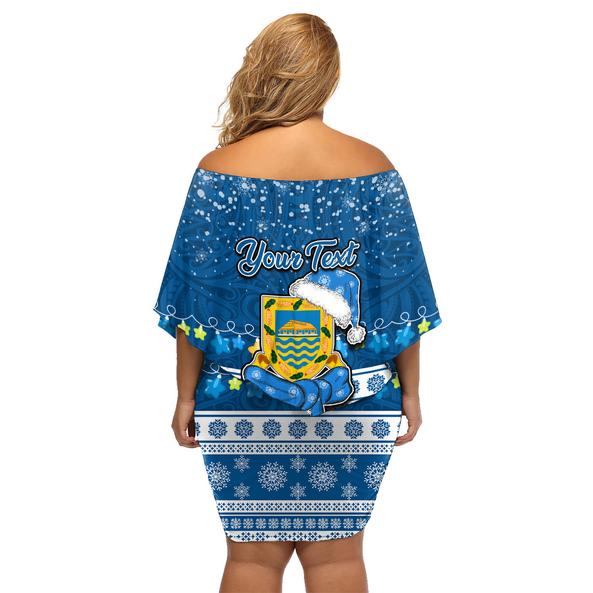 Personalised Tuvalu Christmas Family Matching Off Shoulder Short Dress and Hawaiian Shirt Snowman Hugs Tuvalu Coat of Arms Maori Pattern Blue Style LT03 - Polynesian Pride
