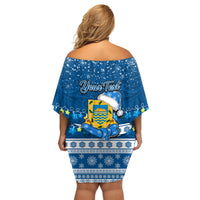 Personalised Tuvalu Christmas Family Matching Off Shoulder Short Dress and Hawaiian Shirt Snowman Hugs Tuvalu Coat of Arms Maori Pattern Blue Style LT03 - Polynesian Pride