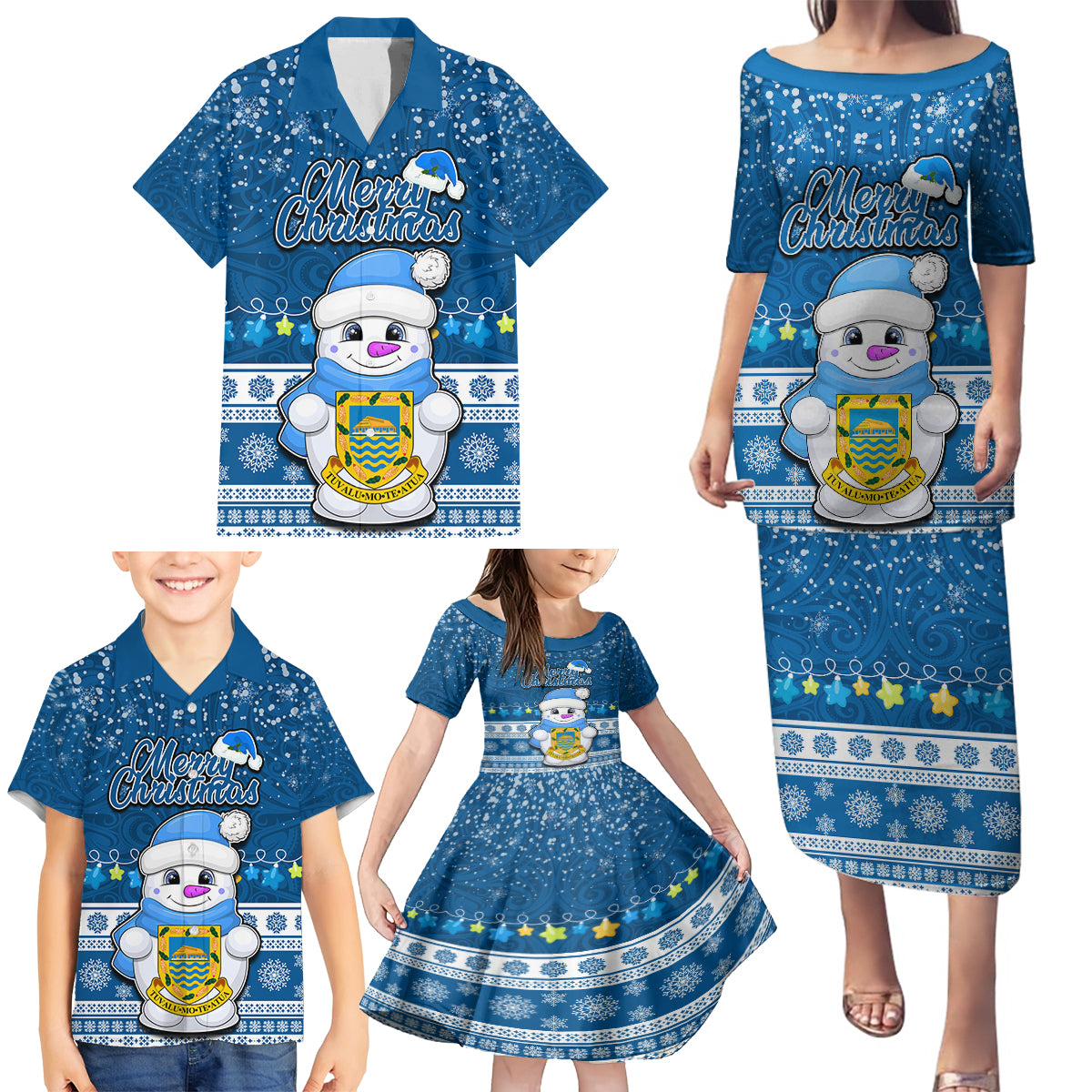 Personalised Tuvalu Christmas Family Matching Puletasi Dress and Hawaiian Shirt Snowman Hugs Tuvalu Coat of Arms Maori Pattern Blue Style LT03 - Polynesian Pride