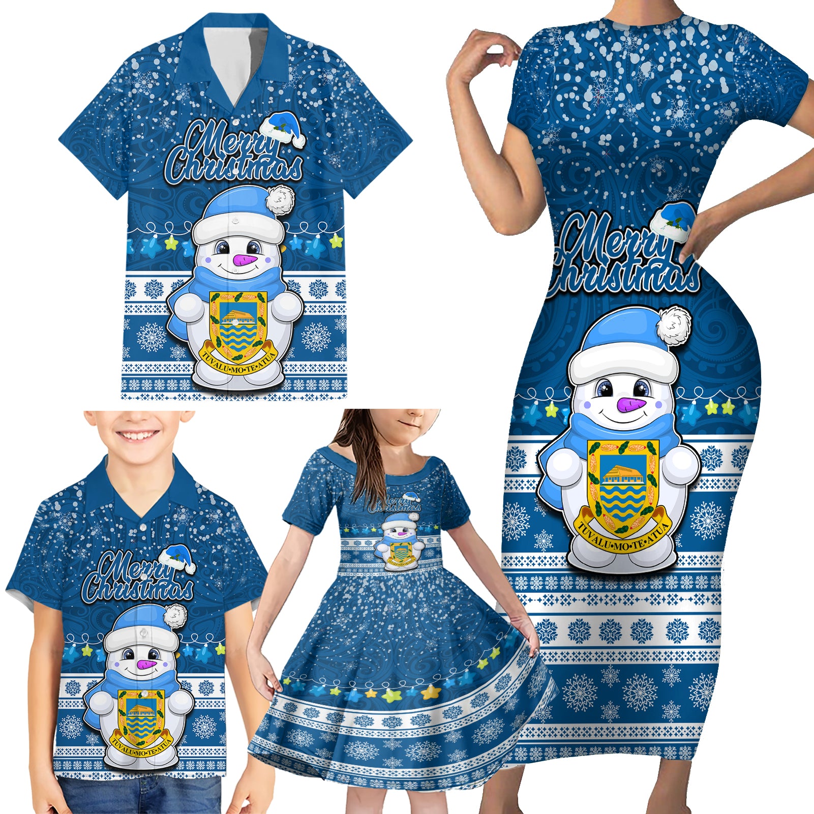 Personalised Tuvalu Christmas Family Matching Short Sleeve Bodycon Dress and Hawaiian Shirt Snowman Hugs Tuvalu Coat of Arms Maori Pattern Blue Style LT03 - Polynesian Pride