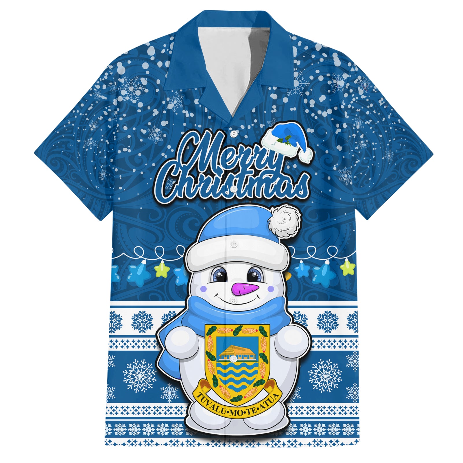 Personalised Tuvalu Christmas Hawaiian Shirt Snowman Hugs Tuvalu Coat of Arms Maori Pattern Blue Style LT03 Blue - Polynesian Pride