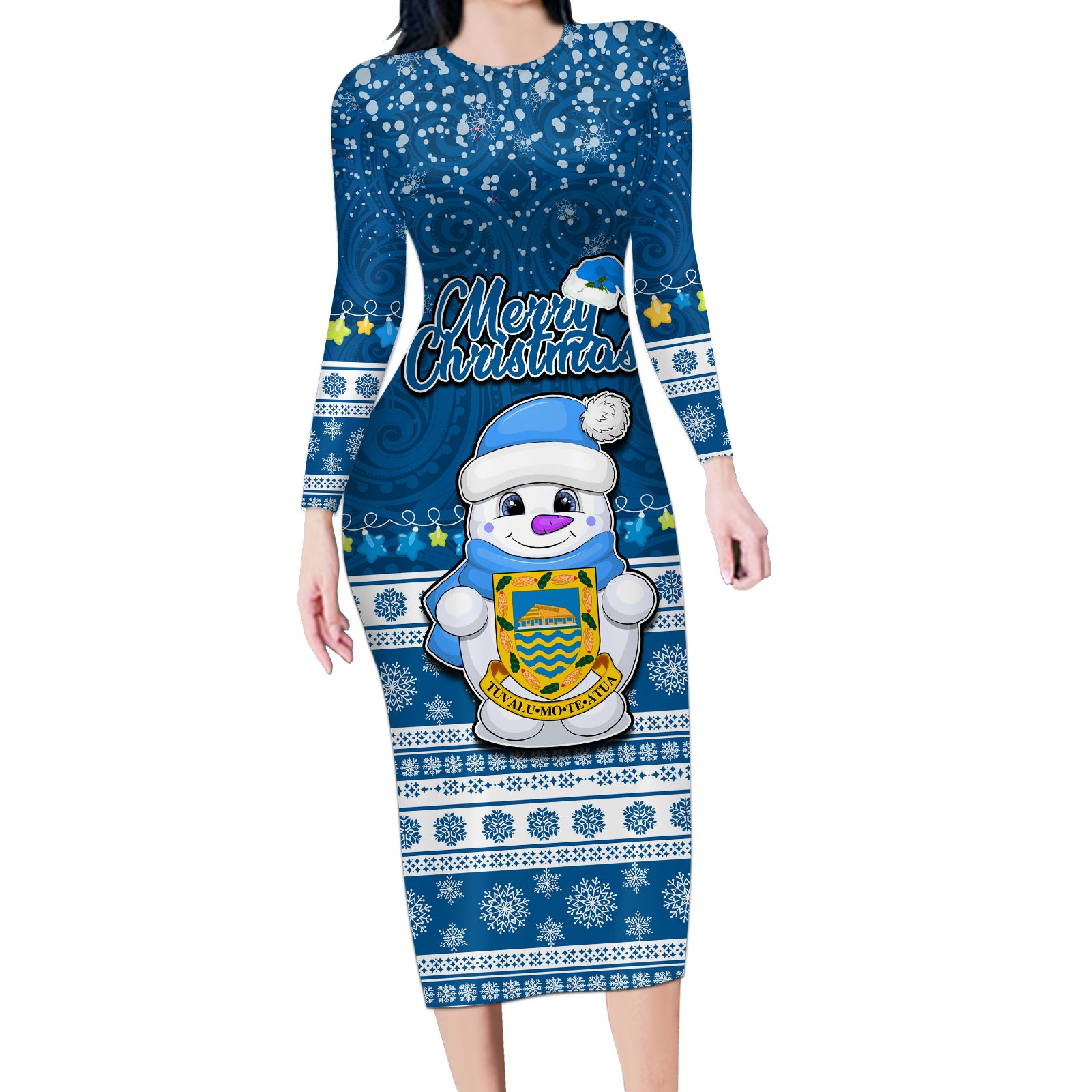 Personalised Tuvalu Christmas Long Sleeve Bodycon Dress Snowman Hugs Tuvalu Coat of Arms Maori Pattern Blue Style LT03 Long Dress Blue - Polynesian Pride