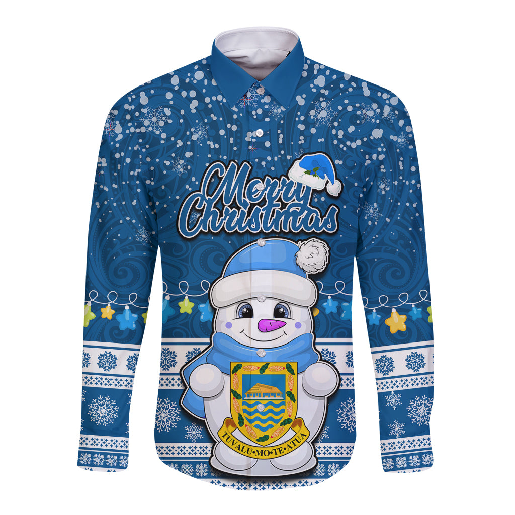 Personalised Tuvalu Christmas Long Sleeve Button Shirt Snowman Hugs Tuvalu Coat of Arms Maori Pattern Blue Style LT03 Unisex Blue - Polynesian Pride