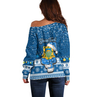 Personalised Tuvalu Christmas Off Shoulder Sweater Snowman Hugs Tuvalu Coat of Arms Maori Pattern Blue Style LT03 - Polynesian Pride