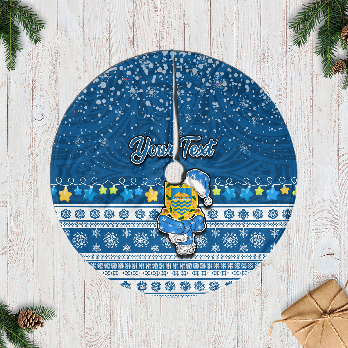 Personalised Tuvalu Christmas Tree Skirt Snowman Hugs Tuvalu Coat of Arms Maori Pattern Blue Style LT03 Blue - Polynesian Pride