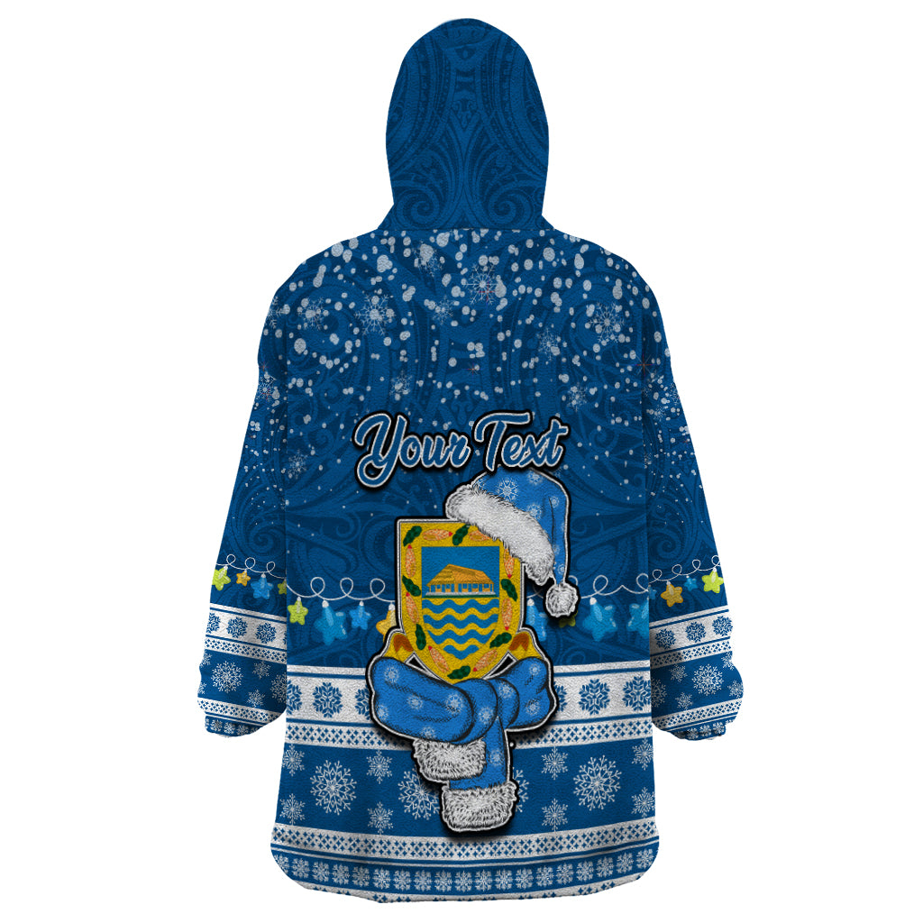 Personalised Tuvalu Christmas Wearable Blanket Hoodie Snowman Hugs Tuvalu Coat of Arms Maori Pattern Blue Style LT03 - Polynesian Pride