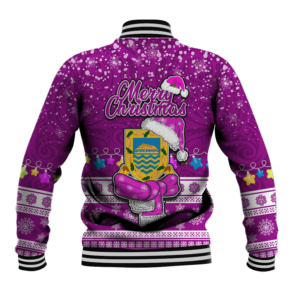 Tuvalu Christmas Baseball Jacket Snowman Hugs Tuvalu Coat of Arms Maori Pattern Pink Style LT03 - Polynesian Pride