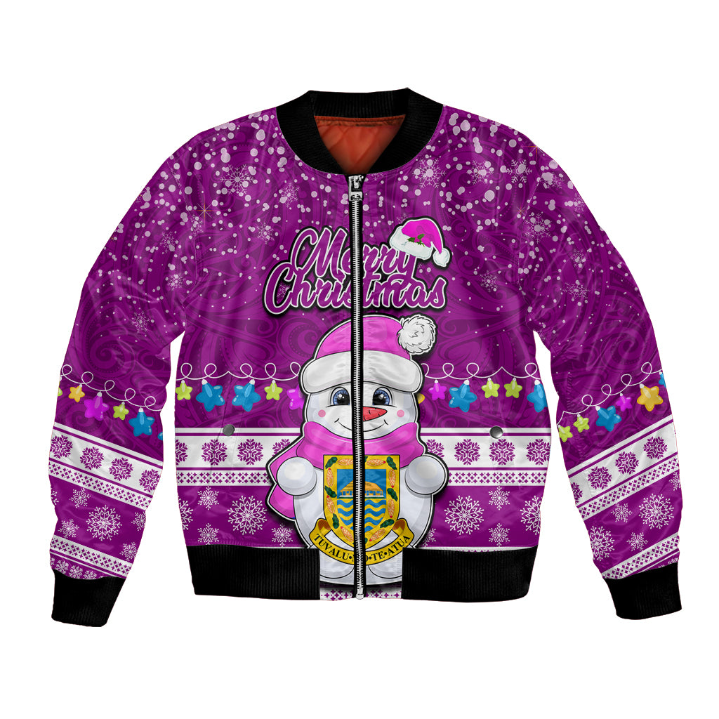 Tuvalu Christmas Bomber Jacket Snowman Hugs Tuvalu Coat of Arms Maori Pattern Pink Style LT03 Unisex Pink - Polynesian Pride