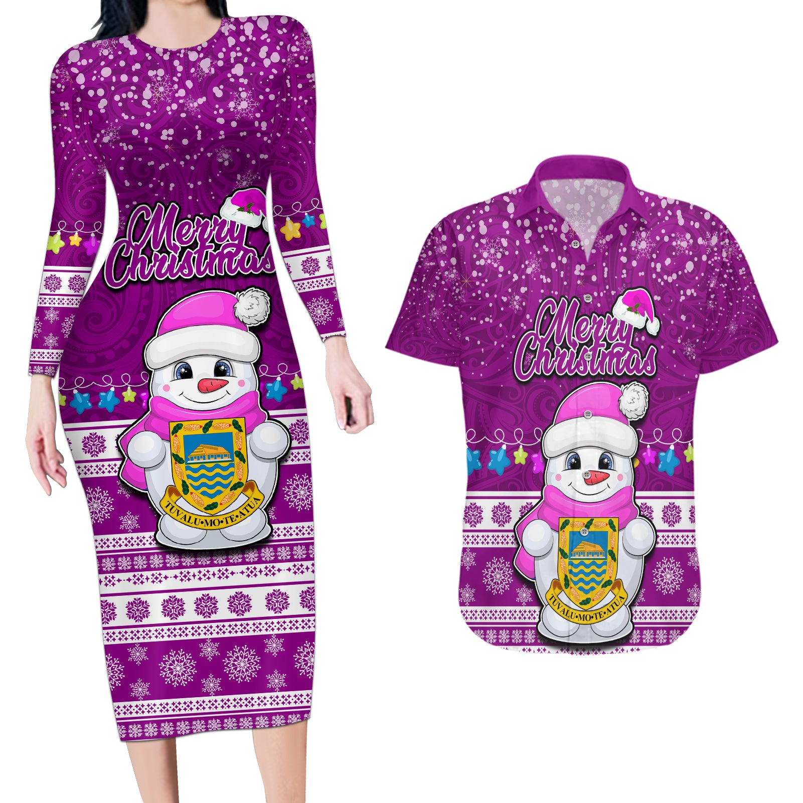 Tuvalu Christmas Couples Matching Long Sleeve Bodycon Dress and Hawaiian Shirt Snowman Hugs Tuvalu Coat of Arms Maori Pattern Pink Style LT03 Pink - Polynesian Pride