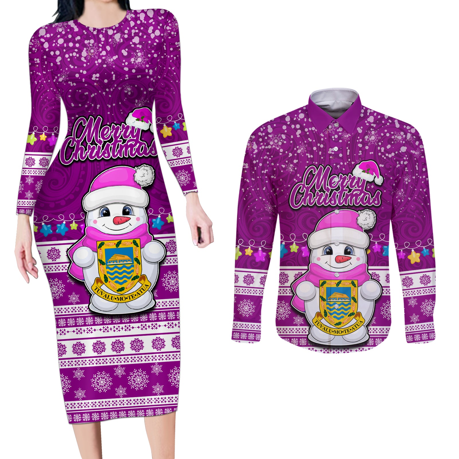 Tuvalu Christmas Couples Matching Long Sleeve Bodycon Dress and Long Sleeve Button Shirt Snowman Hugs Tuvalu Coat of Arms Maori Pattern Pink Style LT03 Pink - Polynesian Pride