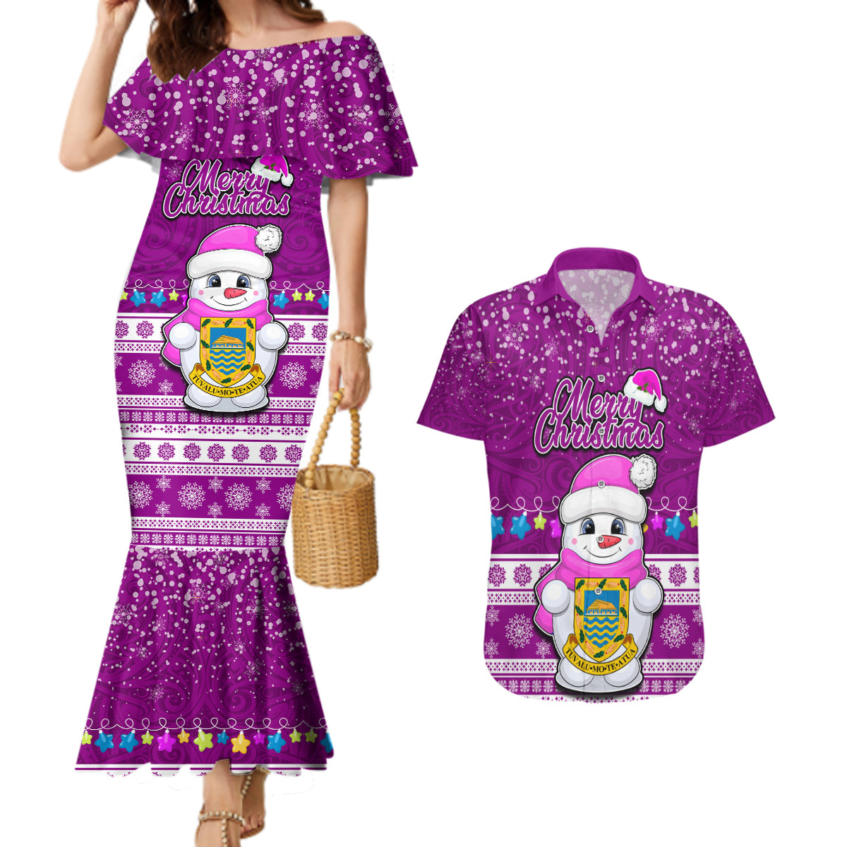 Tuvalu Christmas Couples Matching Mermaid Dress and Hawaiian Shirt Snowman Hugs Tuvalu Coat of Arms Maori Pattern Pink Style LT03 Pink - Polynesian Pride