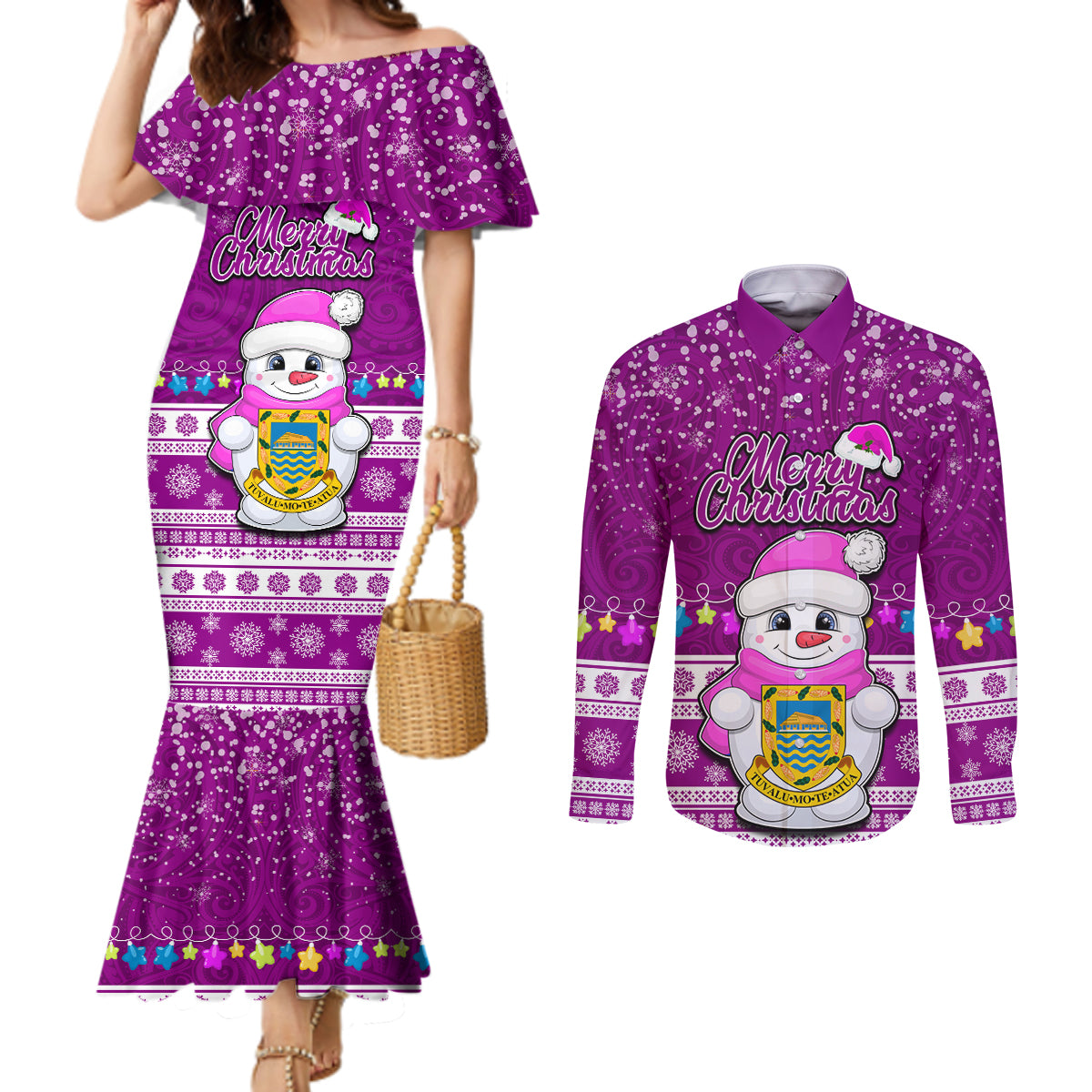 Tuvalu Christmas Couples Matching Mermaid Dress and Long Sleeve Button Shirt Snowman Hugs Tuvalu Coat of Arms Maori Pattern Pink Style LT03 Pink - Polynesian Pride