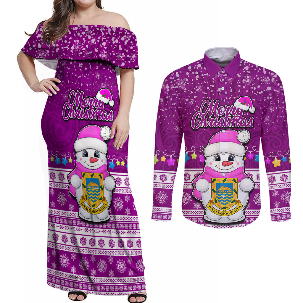 Tuvalu Christmas Couples Matching Off Shoulder Maxi Dress and Long Sleeve Button Shirt Snowman Hugs Tuvalu Coat of Arms Maori Pattern Pink Style LT03 Pink - Polynesian Pride