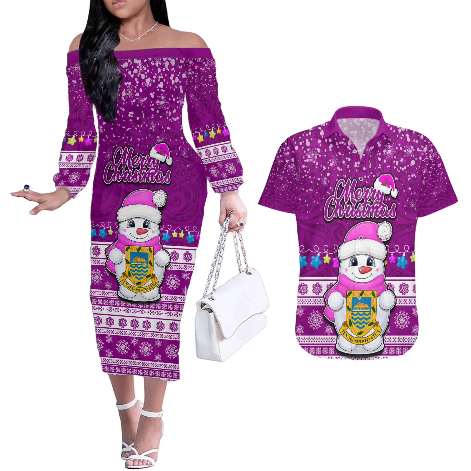 Tuvalu Christmas Couples Matching Off The Shoulder Long Sleeve Dress and Hawaiian Shirt Snowman Hugs Tuvalu Coat of Arms Maori Pattern Pink Style LT03 Pink - Polynesian Pride