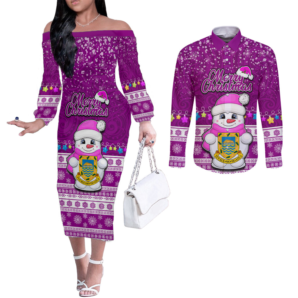 Tuvalu Christmas Couples Matching Off The Shoulder Long Sleeve Dress and Long Sleeve Button Shirt Snowman Hugs Tuvalu Coat of Arms Maori Pattern Pink Style LT03 Pink - Polynesian Pride