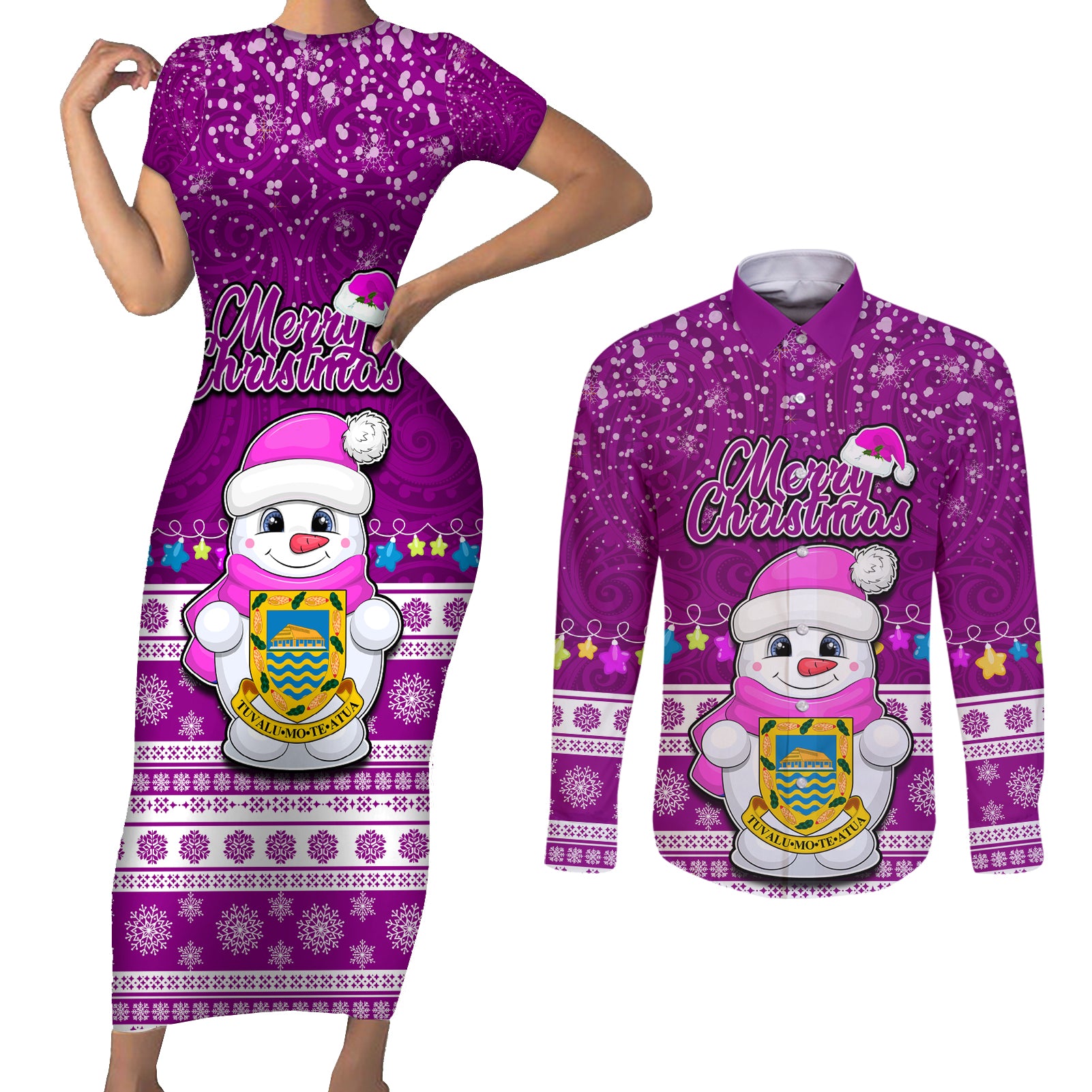 Tuvalu Christmas Couples Matching Short Sleeve Bodycon Dress and Long Sleeve Button Shirt Snowman Hugs Tuvalu Coat of Arms Maori Pattern Pink Style LT03 Pink - Polynesian Pride