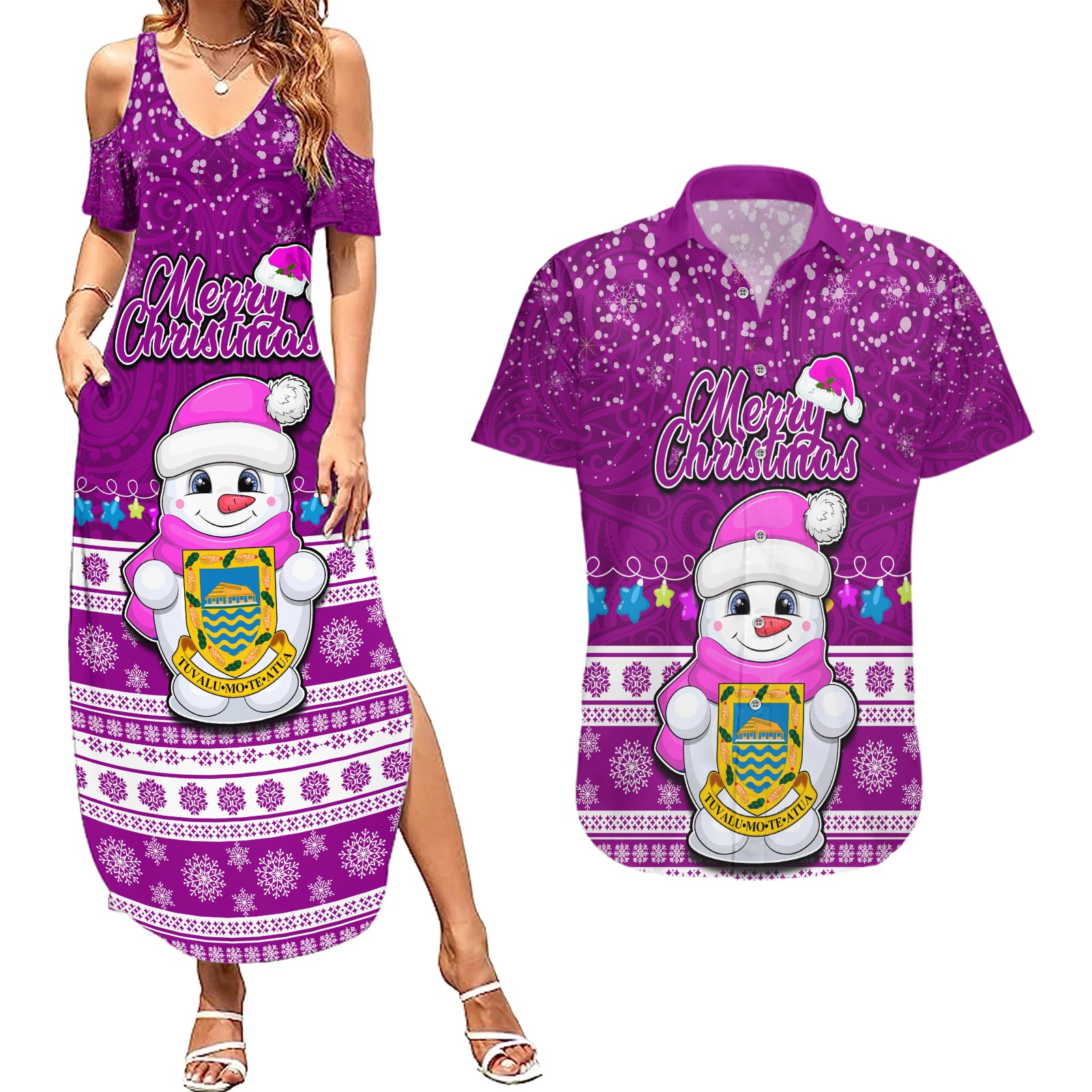 Tuvalu Christmas Couples Matching Summer Maxi Dress and Hawaiian Shirt Snowman Hugs Tuvalu Coat of Arms Maori Pattern Pink Style LT03 Pink - Polynesian Pride