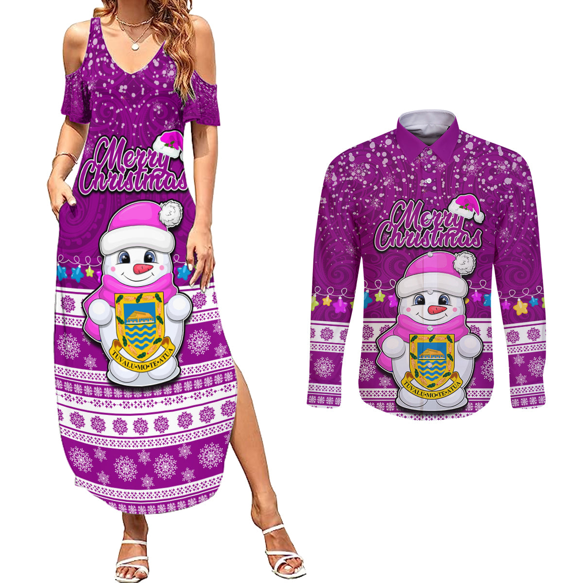 Tuvalu Christmas Couples Matching Summer Maxi Dress and Long Sleeve Button Shirt Snowman Hugs Tuvalu Coat of Arms Maori Pattern Pink Style LT03 Pink - Polynesian Pride