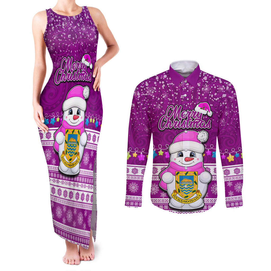 Tuvalu Christmas Couples Matching Tank Maxi Dress and Long Sleeve Button Shirt Snowman Hugs Tuvalu Coat of Arms Maori Pattern Pink Style LT03 Pink - Polynesian Pride