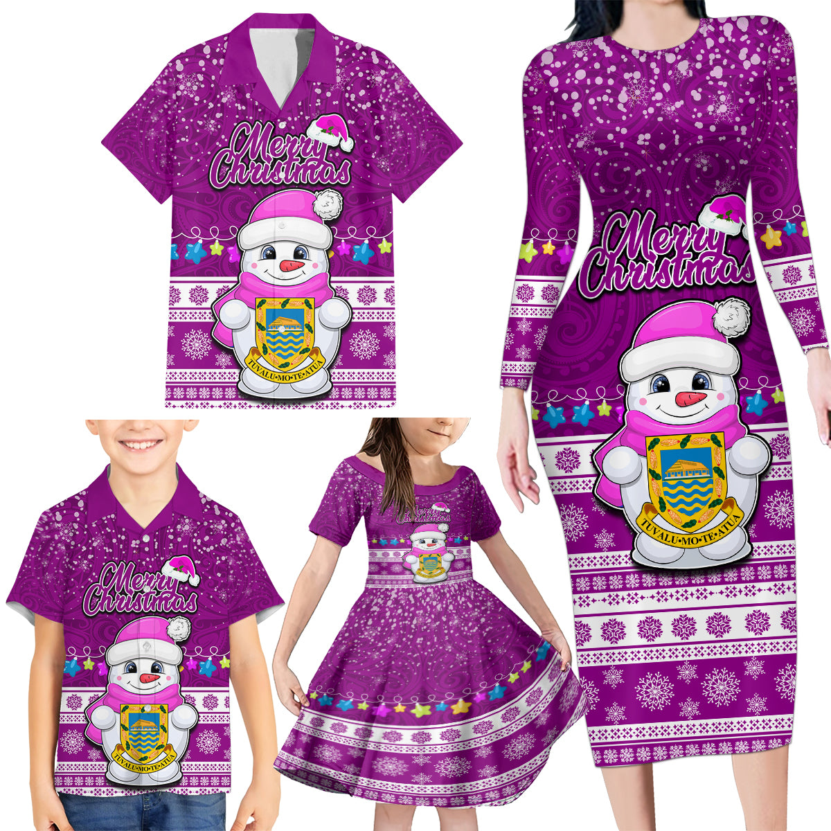 Tuvalu Christmas Family Matching Long Sleeve Bodycon Dress and Hawaiian Shirt Snowman Hugs Tuvalu Coat of Arms Maori Pattern Pink Style LT03 - Polynesian Pride