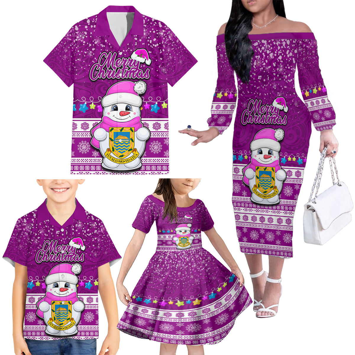 Tuvalu Christmas Family Matching Off Shoulder Long Sleeve Dress and Hawaiian Shirt Snowman Hugs Tuvalu Coat of Arms Maori Pattern Pink Style LT03 - Polynesian Pride