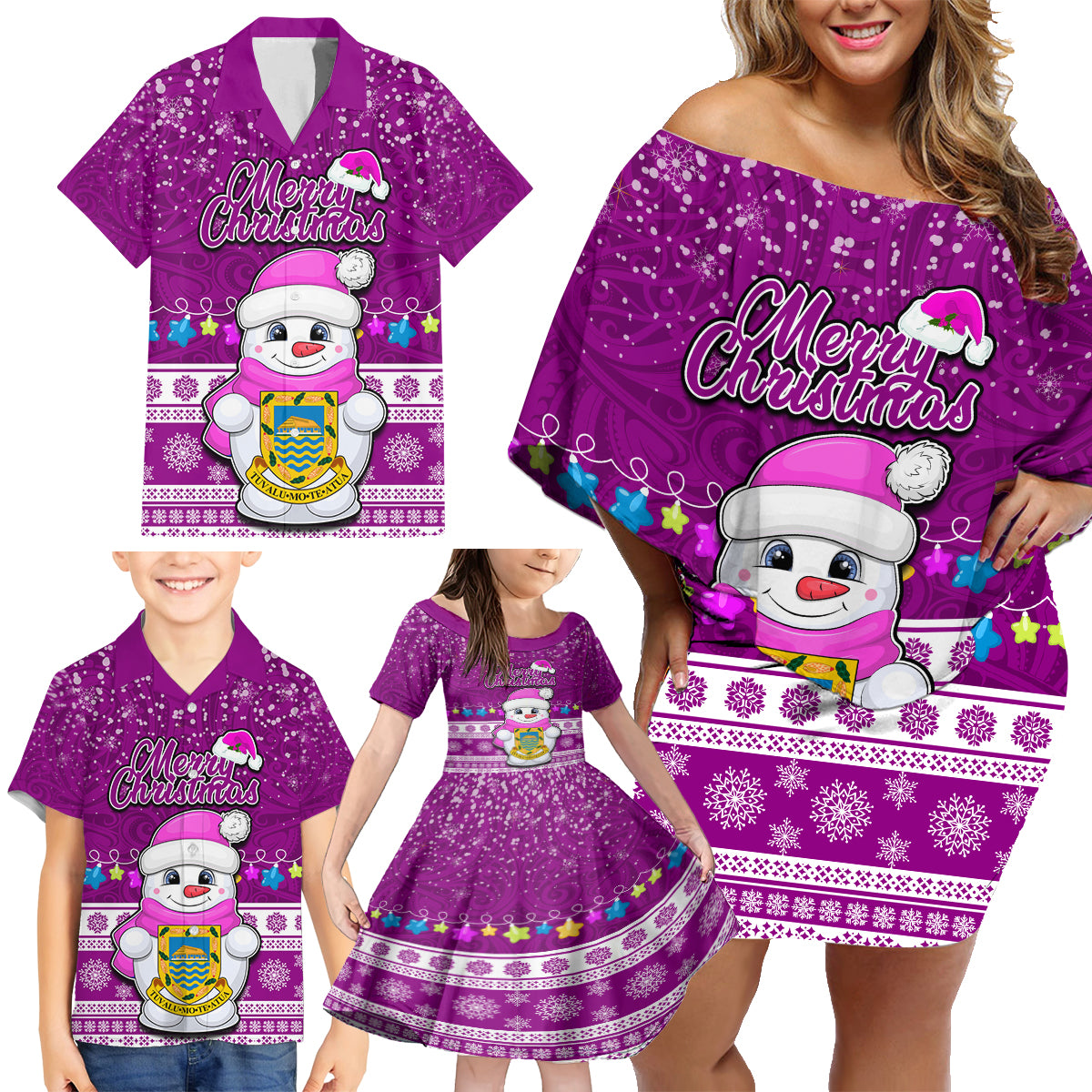 Tuvalu Christmas Family Matching Off Shoulder Short Dress and Hawaiian Shirt Snowman Hugs Tuvalu Coat of Arms Maori Pattern Pink Style LT03 - Polynesian Pride