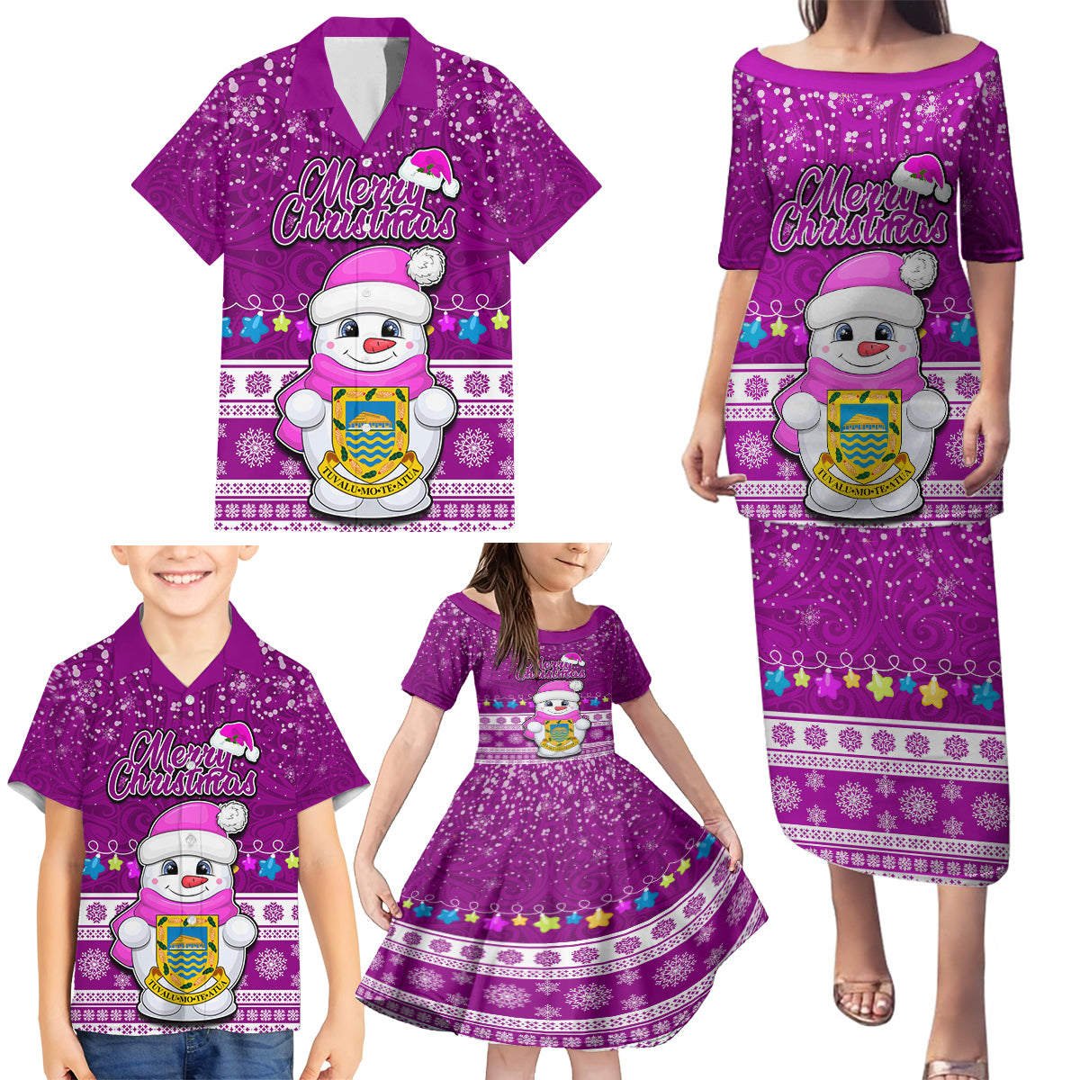 Tuvalu Christmas Family Matching Puletasi Dress and Hawaiian Shirt Snowman Hugs Tuvalu Coat of Arms Maori Pattern Pink Style LT03 - Polynesian Pride