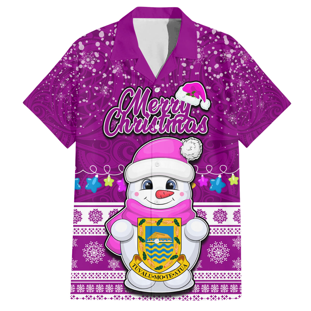 Tuvalu Christmas Family Matching Short Sleeve Bodycon Dress and Hawaiian Shirt Snowman Hugs Tuvalu Coat of Arms Maori Pattern Pink Style LT03 Dad's Shirt - Short Sleeve Pink - Polynesian Pride