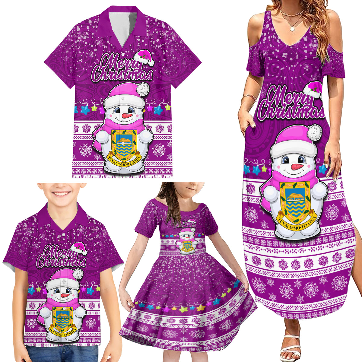 Tuvalu Christmas Family Matching Summer Maxi Dress and Hawaiian Shirt Snowman Hugs Tuvalu Coat of Arms Maori Pattern Pink Style LT03 - Polynesian Pride