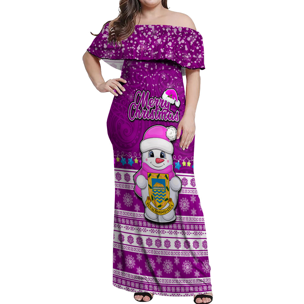 Tuvalu Christmas Off Shoulder Maxi Dress Snowman Hugs Tuvalu Coat of Arms Maori Pattern Pink Style LT03 Women Pink - Polynesian Pride