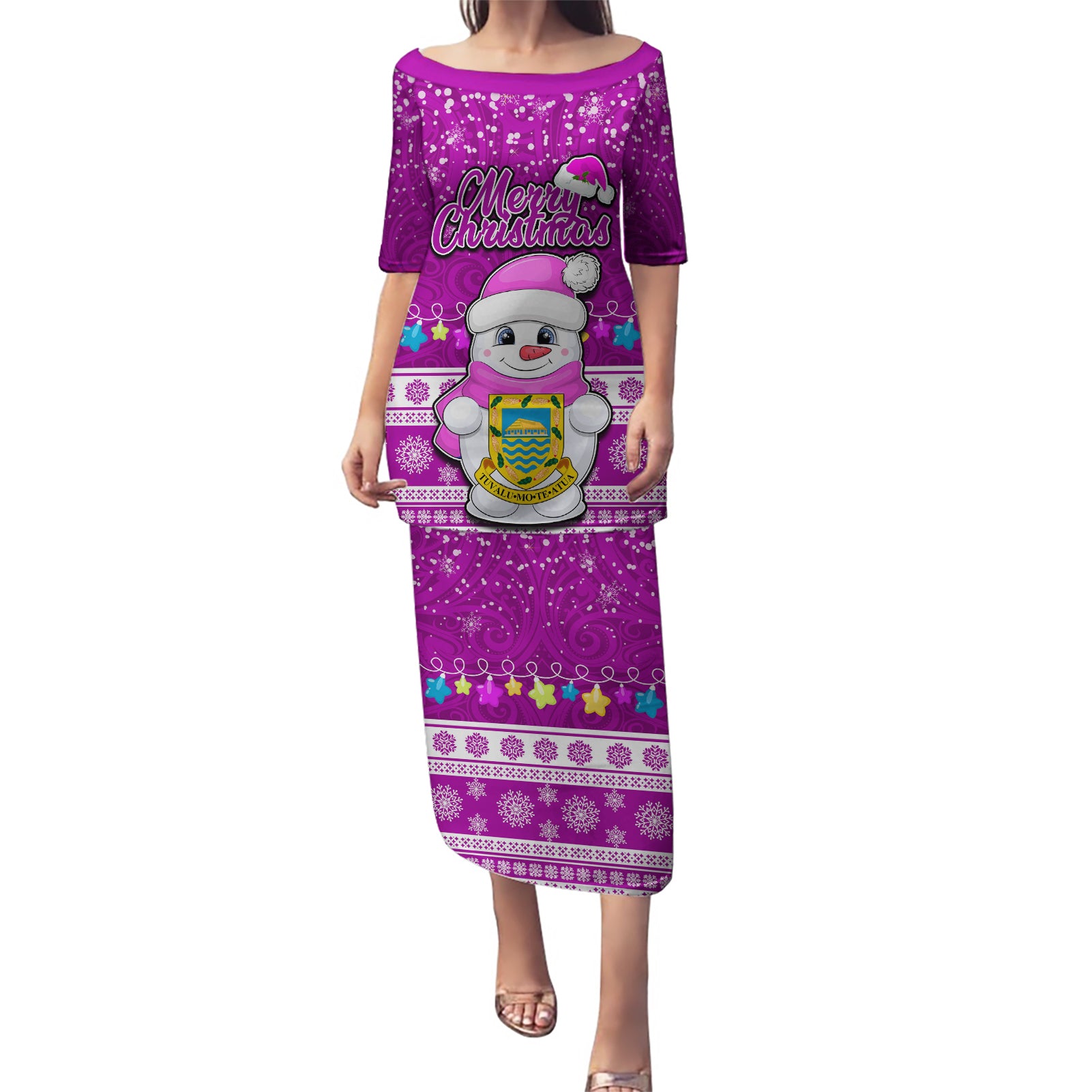 Tuvalu Christmas Puletasi Snowman Hugs Tuvalu Coat of Arms Maori Pattern Pink Style LT03 Long Dress Pink - Polynesian Pride