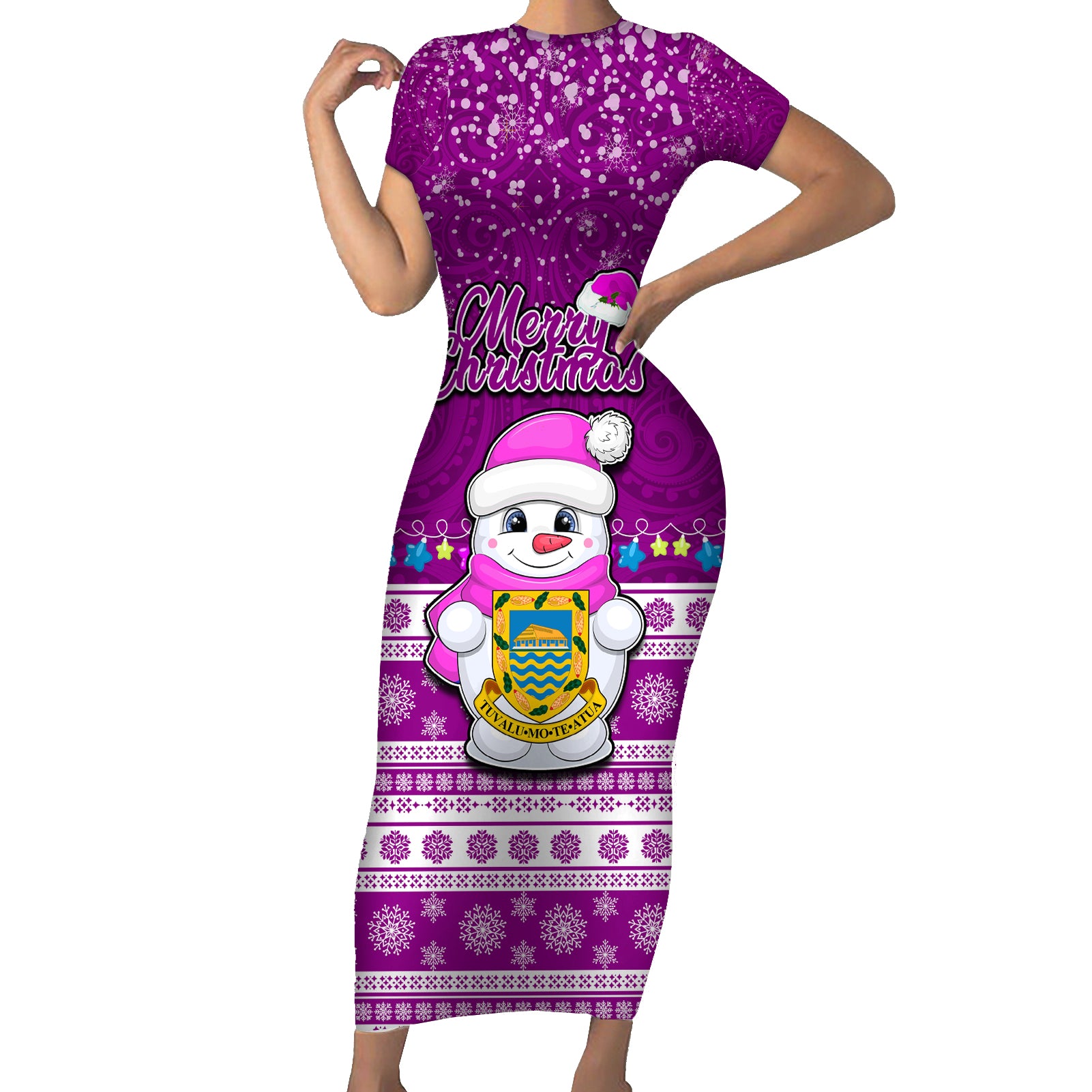 Tuvalu Christmas Short Sleeve Bodycon Dress Snowman Hugs Tuvalu Coat of Arms Maori Pattern Pink Style LT03 Long Dress Pink - Polynesian Pride