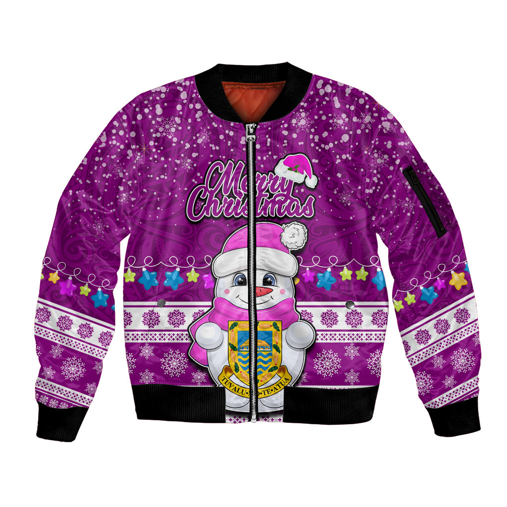 Tuvalu Christmas Sleeve Zip Bomber Jacket Snowman Hugs Tuvalu Coat of Arms Maori Pattern Pink Style LT03 Unisex Pink - Polynesian Pride