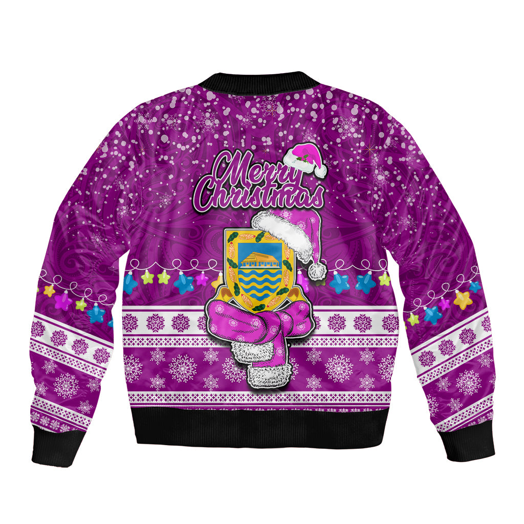 Tuvalu Christmas Sleeve Zip Bomber Jacket Snowman Hugs Tuvalu Coat of Arms Maori Pattern Pink Style LT03 - Polynesian Pride
