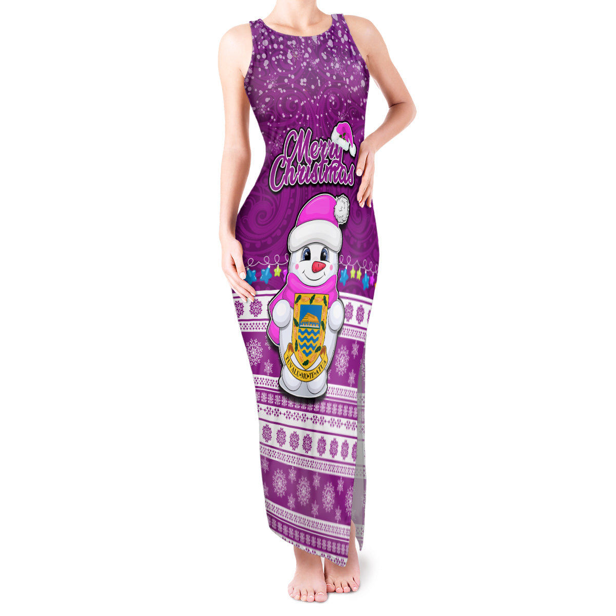 Tuvalu Christmas Tank Maxi Dress Snowman Hugs Tuvalu Coat of Arms Maori Pattern Pink Style LT03 Women Pink - Polynesian Pride