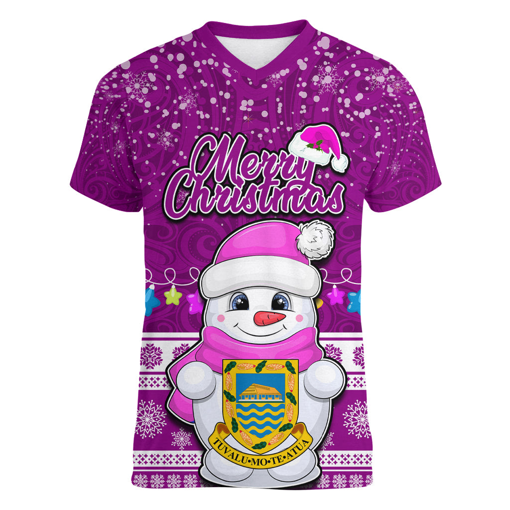 Tuvalu Christmas Women V Neck T Shirt Snowman Hugs Tuvalu Coat of Arms Maori Pattern Pink Style LT03 Female Pink - Polynesian Pride