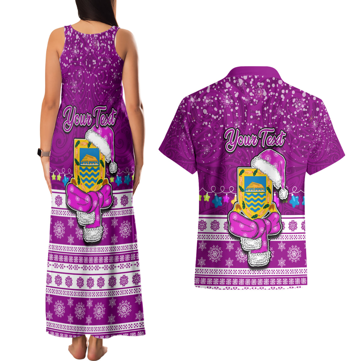 Personalised Tuvalu Christmas Couples Matching Tank Maxi Dress and Hawaiian Shirt Snowman Hugs Tuvalu Coat of Arms Maori Pattern Pink Style LT03 - Polynesian Pride