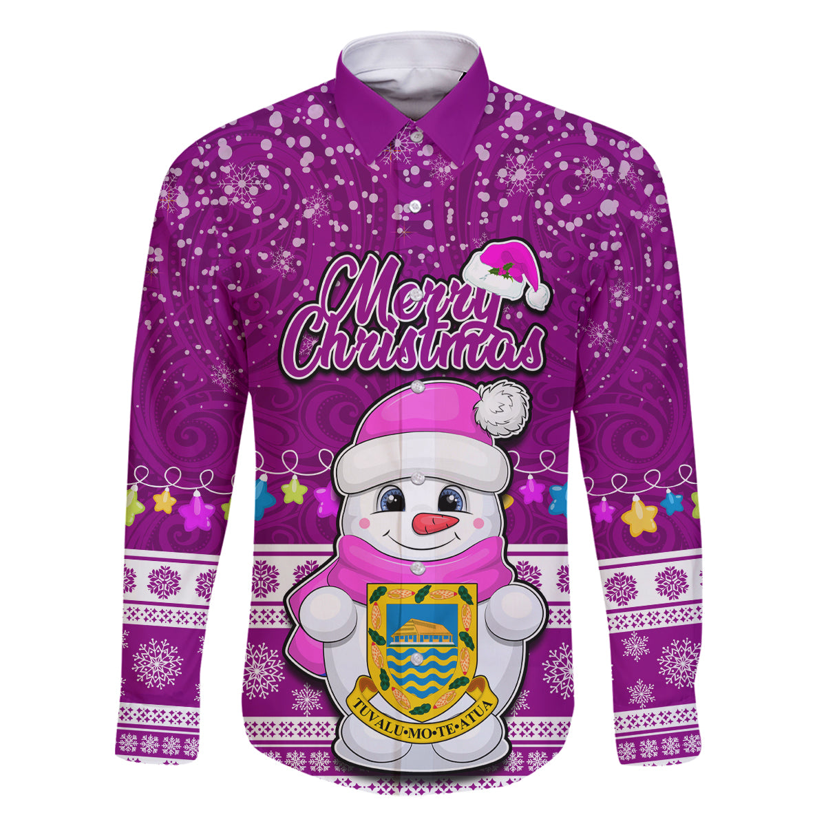 Personalised Tuvalu Christmas Family Matching Mermaid Dress and Hawaiian Shirt Snowman Hugs Tuvalu Coat of Arms Maori Pattern Pink Style LT03 Dad's Shirt - Long Sleeve Pink - Polynesian Pride