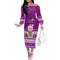 Personalised Tuvalu Christmas Family Matching Off Shoulder Long Sleeve Dress and Hawaiian Shirt Snowman Hugs Tuvalu Coat of Arms Maori Pattern Pink Style LT03 Mom's Dress Pink - Polynesian Pride