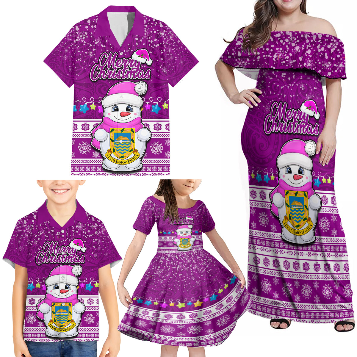 Personalised Tuvalu Christmas Family Matching Off Shoulder Maxi Dress and Hawaiian Shirt Snowman Hugs Tuvalu Coat of Arms Maori Pattern Pink Style LT03 - Polynesian Pride