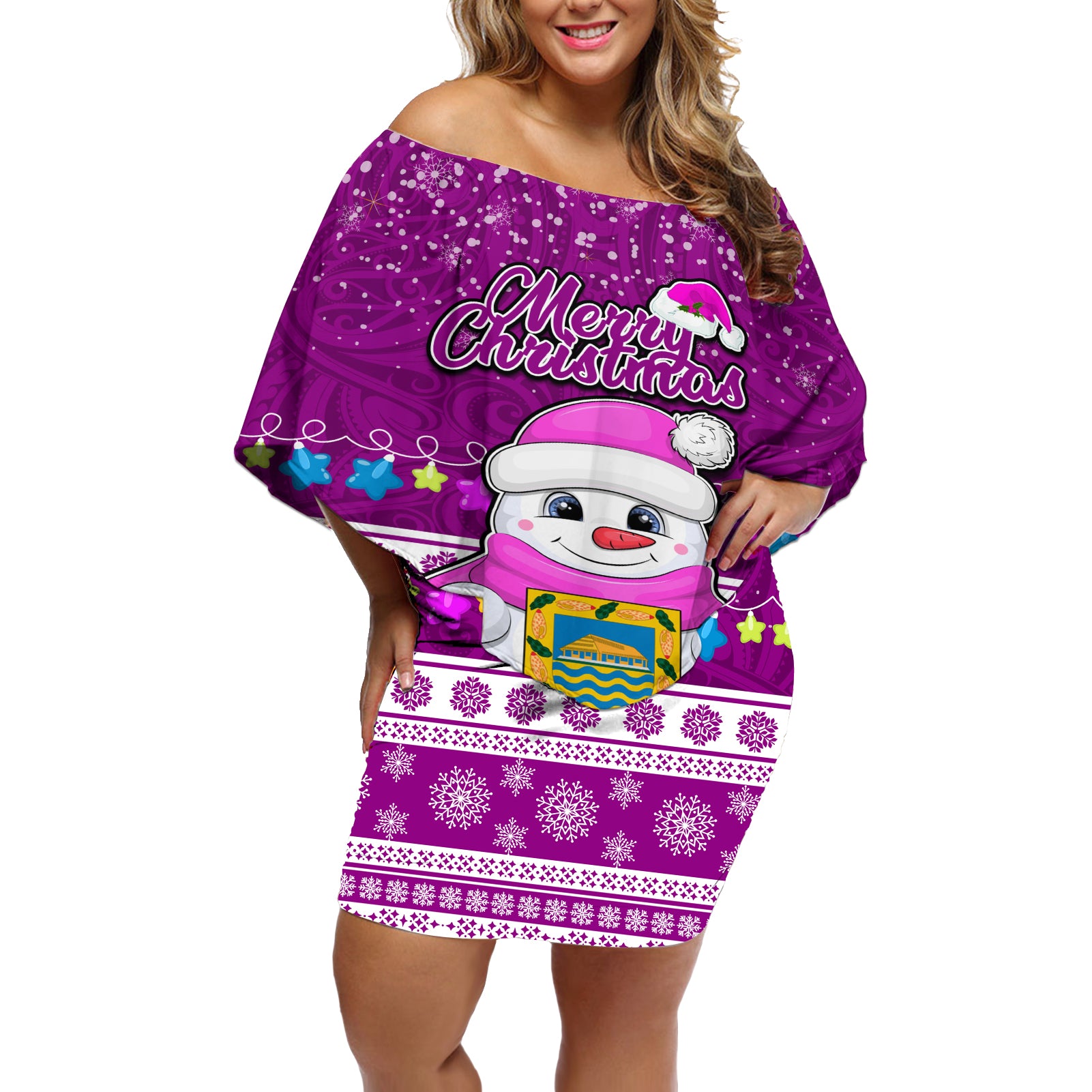 Personalised Tuvalu Christmas Off Shoulder Short Dress Snowman Hugs Tuvalu Coat of Arms Maori Pattern Pink Style LT03 Women Pink - Polynesian Pride