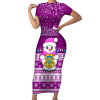 Personalised Tuvalu Christmas Short Sleeve Bodycon Dress Snowman Hugs Tuvalu Coat of Arms Maori Pattern Pink Style LT03 Long Dress Pink - Polynesian Pride