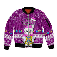 Personalised Tuvalu Christmas Sleeve Zip Bomber Jacket Snowman Hugs Tuvalu Coat of Arms Maori Pattern Pink Style LT03 Unisex Pink - Polynesian Pride
