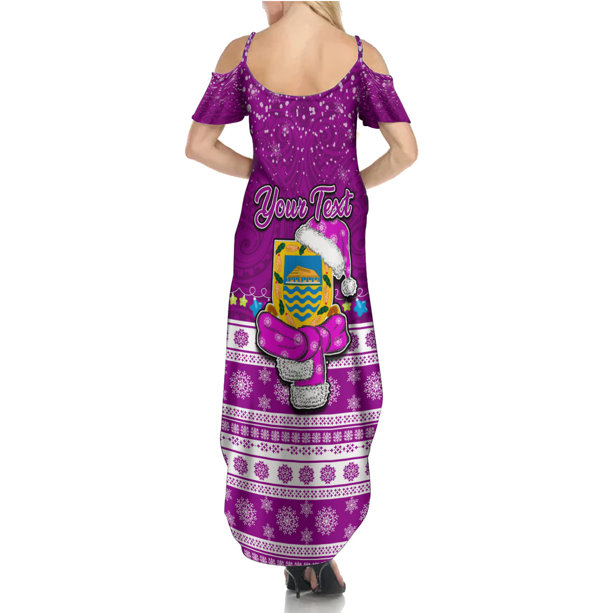 Personalised Tuvalu Christmas Summer Maxi Dress Snowman Hugs Tuvalu Coat of Arms Maori Pattern Pink Style LT03 - Polynesian Pride